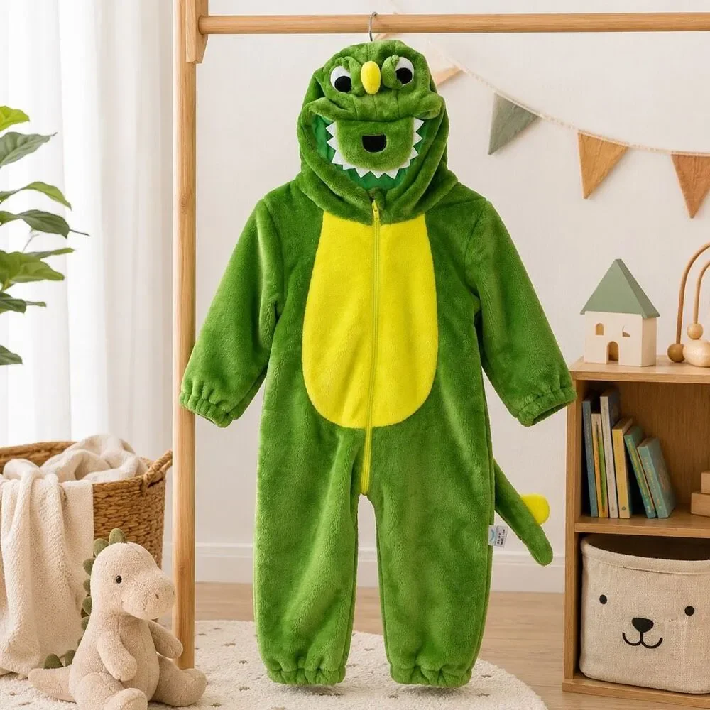 Baby/Toddler Green Dinosaur Costume Hooded Plush Jumpsuit 6-12 Months 73/48